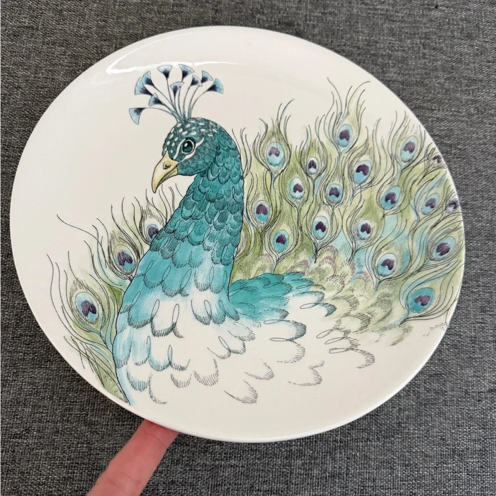 Edie Rose Peacock Collection Salad Plates Set 2 Stoneware Blue Green Purple Bird